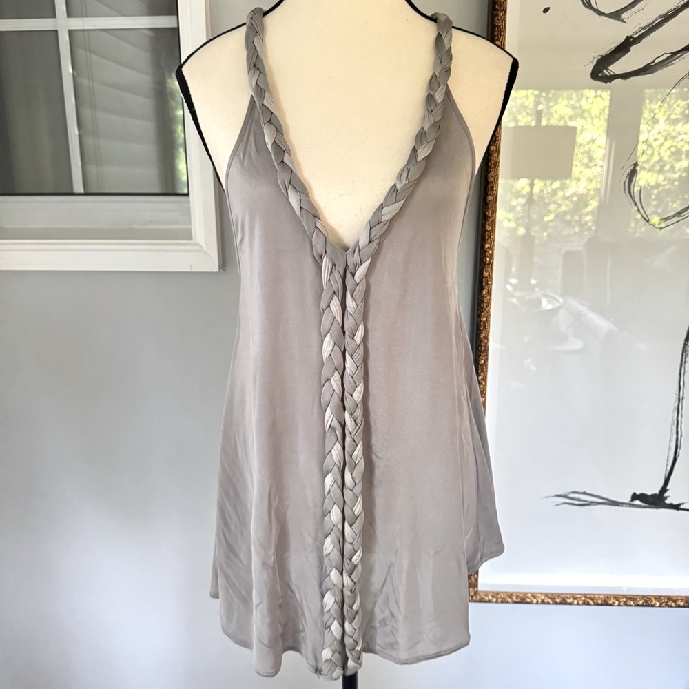 Armani Exchange Light Gray Braided Strap Tank – Flowy Silky V-Neck, Size Small